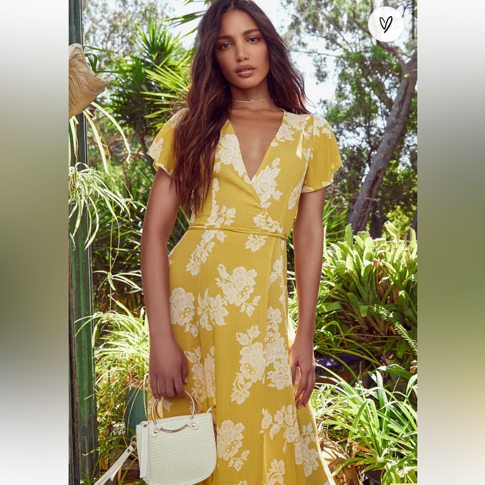 LULUS ‘Heart of Marigold’ Yellow Floral Print Wrap Maxi Dress
